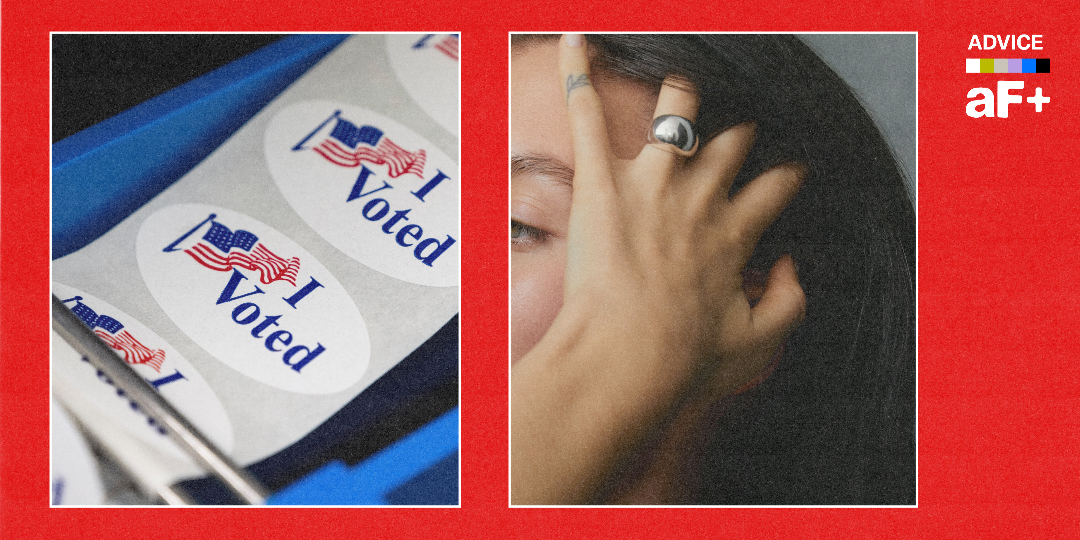 One image shows a series of I Voted stickers, another image shows a woman visibly stressed out