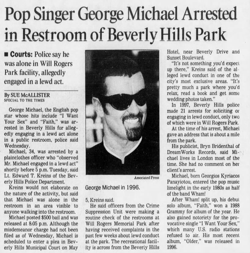 Pop Singer George Michael Arrested in Restroom of Beverly Hills Park