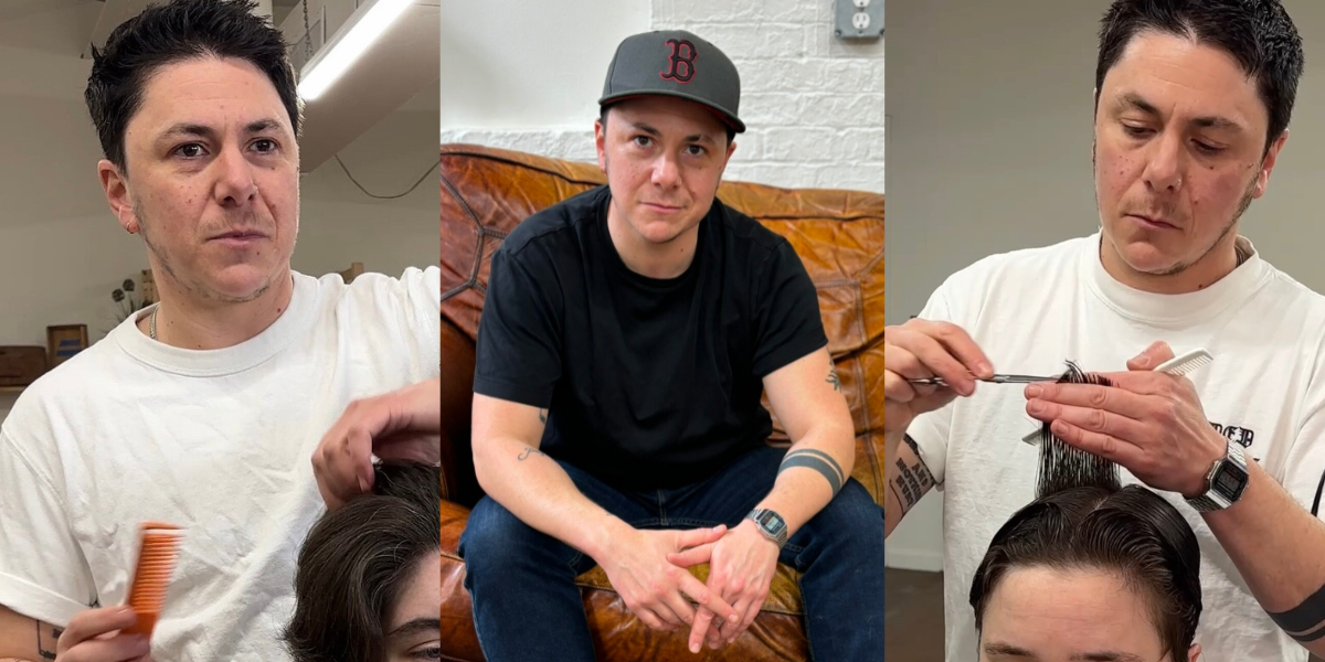 Two pictures of M Arida cutting hair on the sides of M Arida posing on a couch.