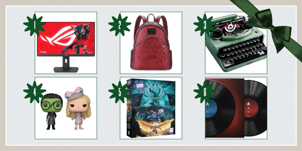 1. Gaming Monitor ($200)2. Scarlet Witch Backpack ($89) 3. Typewriter Lego Set ($250) 4. Wicked Movie Funko POPs ($30) 5. Critical Role Puzzle ($9) 6. The Arcane Soundtrack on Vinyl ($46)