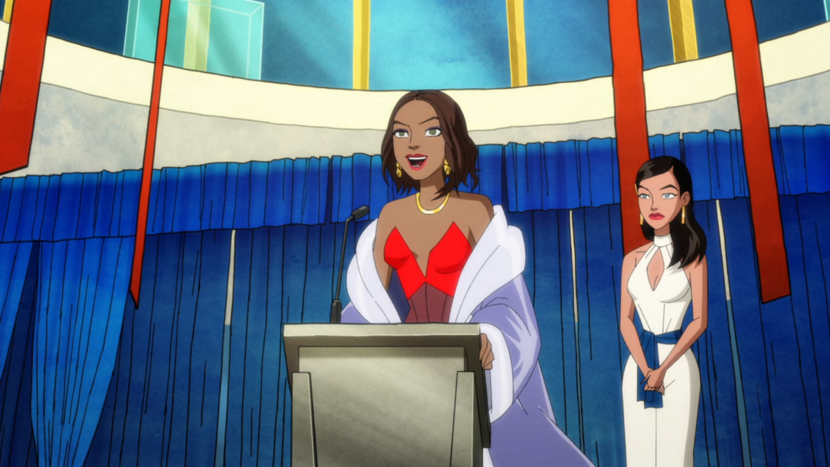 Harley Quinn Season 5: Lena Luthor speaks at a podium, Lois Lane standing behind her