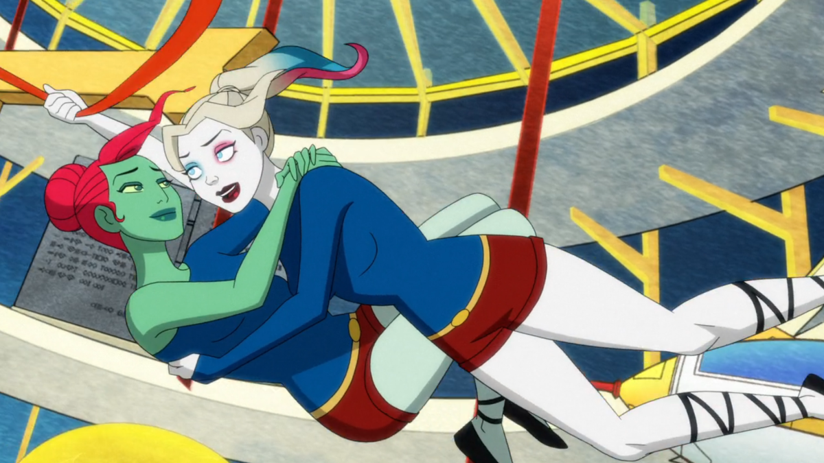 Harley Quinn Season 5: Harley and Ivy fly through the air on aerial silks