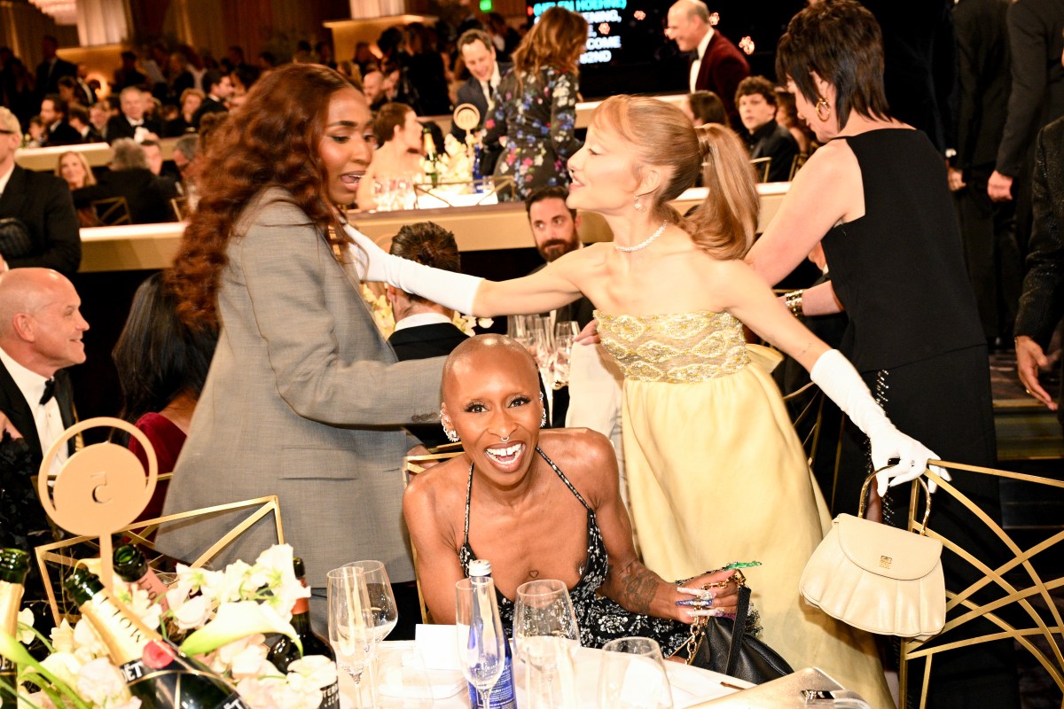 Ayo Edebiri, Cynthia Erivo, Ariana Grande during the 82nd Annual Golden Globes held at The Beverly Hilton on January 05, 2025 in Beverly Hills, California. (Photo by Michael Buckner/GG2025/Penske Media via Getty Images)