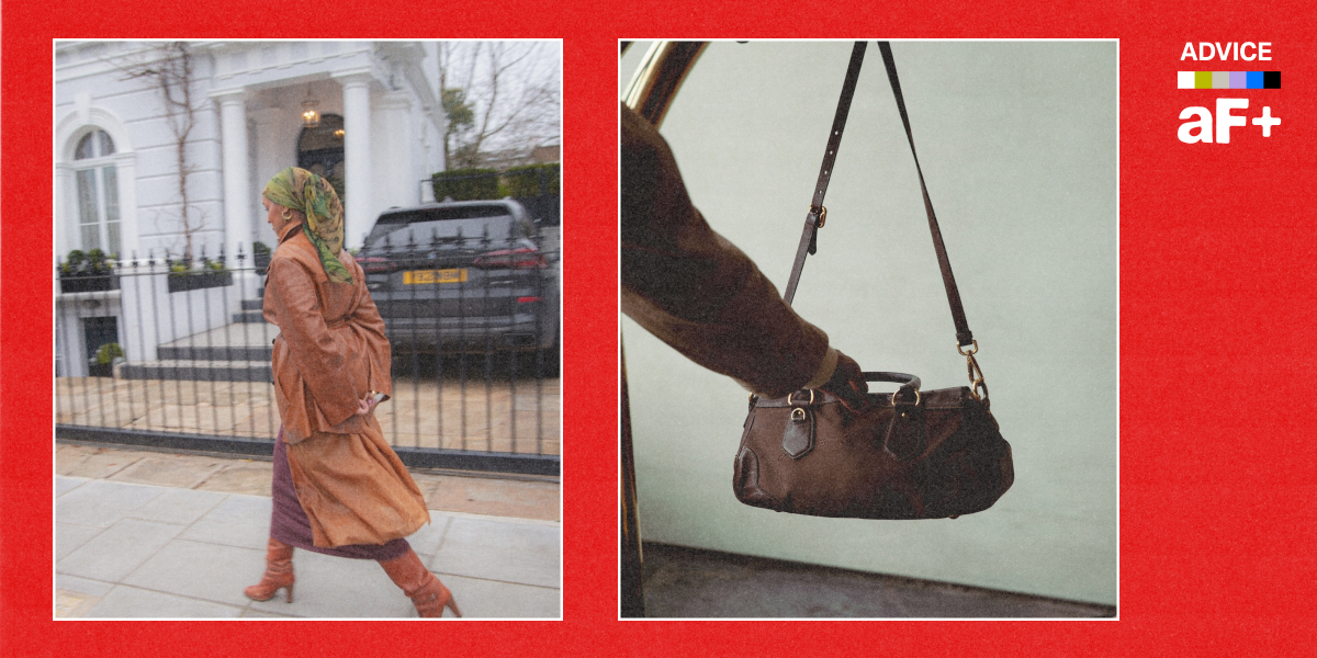 One image shows someone walking down a city street in an expensive looking outfit, another image shows a hand going into a purse.