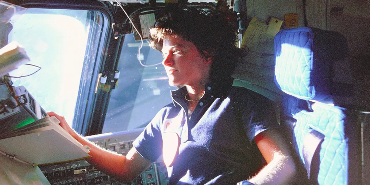 A still of Sally Ride in zero gravity from the documentary Sally.
