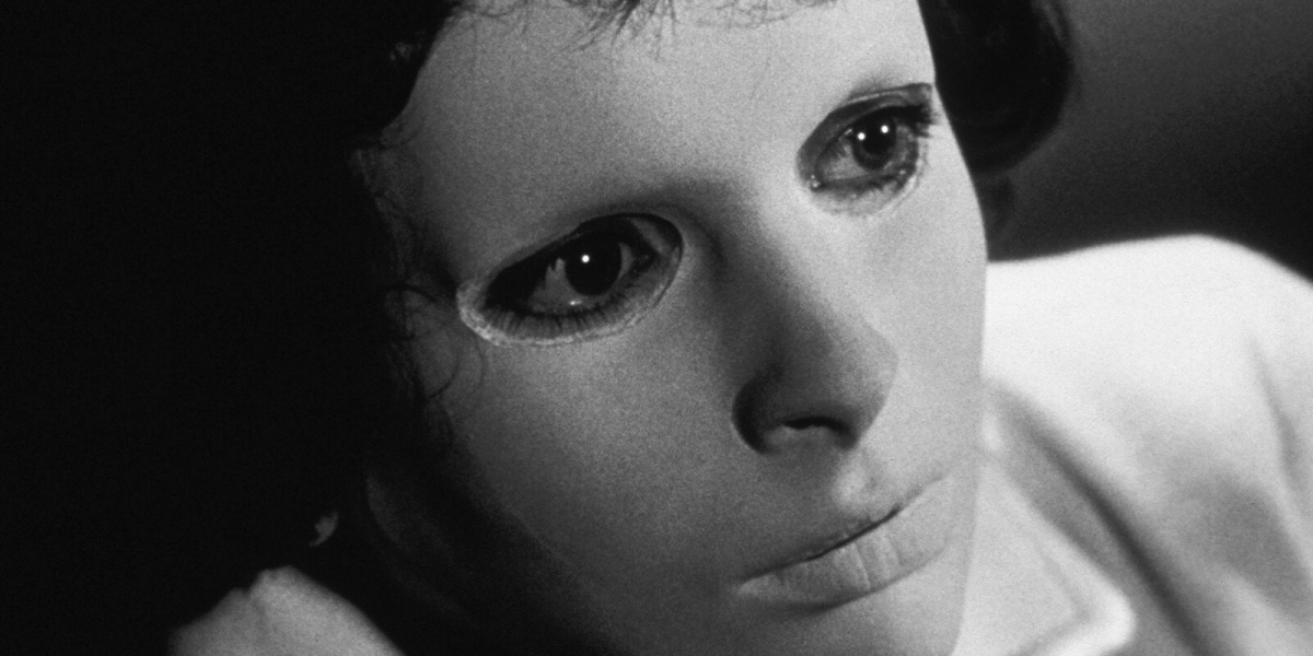 A close up on Édith Scob in a mask in Eyes Without a Face