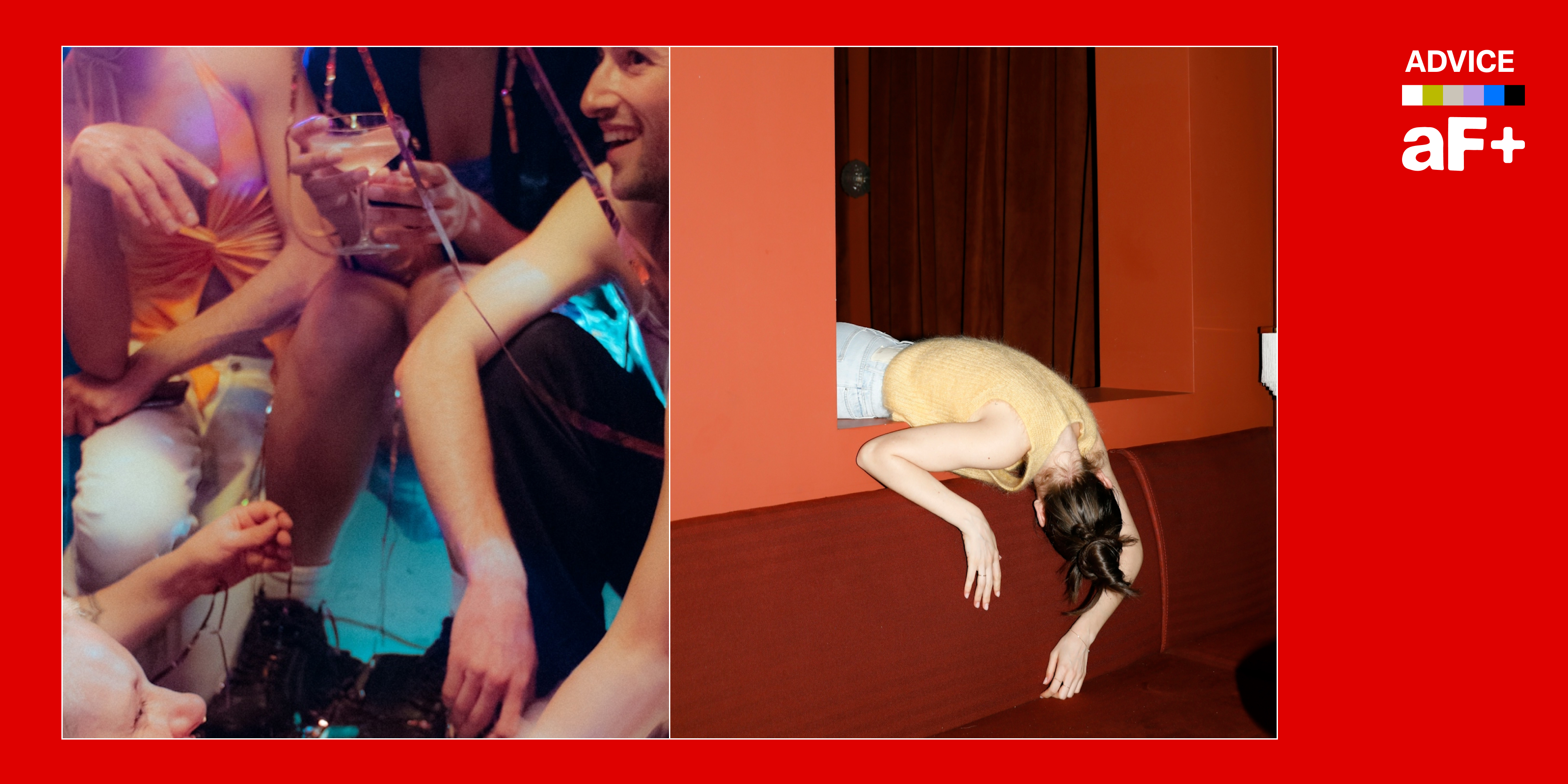 One image shows people hanging out together at a party/intimate space, another shows someone lying facedown and sort of melting out of an open window space.