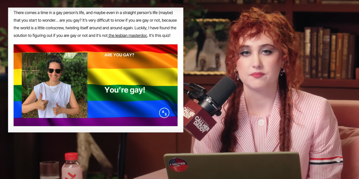 Chappell Roan deadpans a camera with the You're Gay result next to her