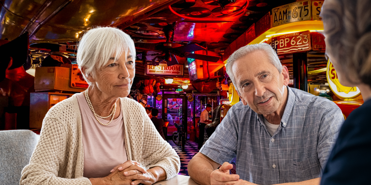 older woman and man at trivia talking to their child