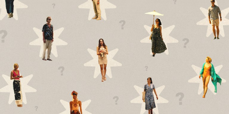 Would you survive a season of The White Lotus? a collage of season three characters surrounded by question marks