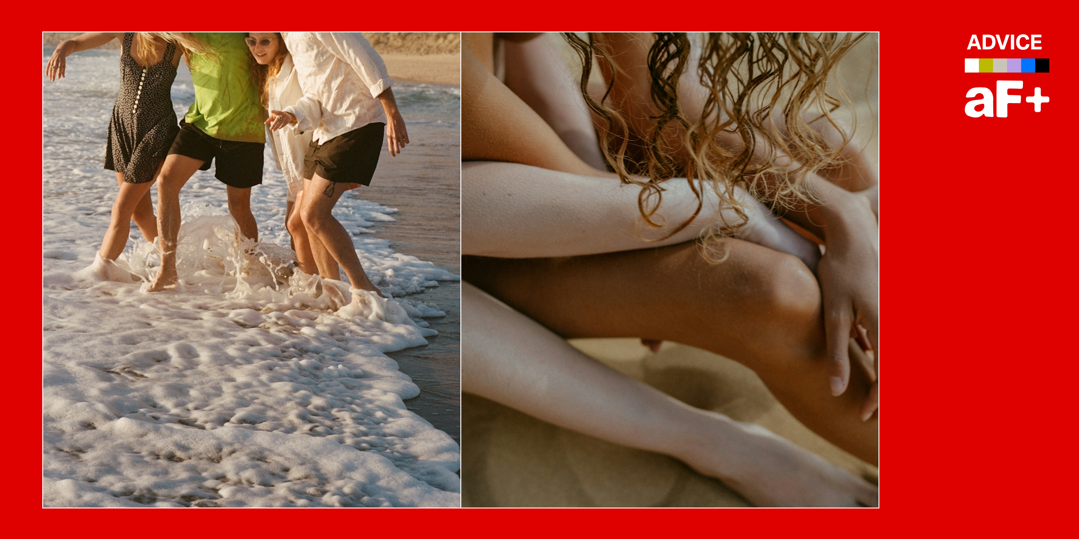 One image shows a white family on the beach and another shows entwined legs of a person of color and a white person.