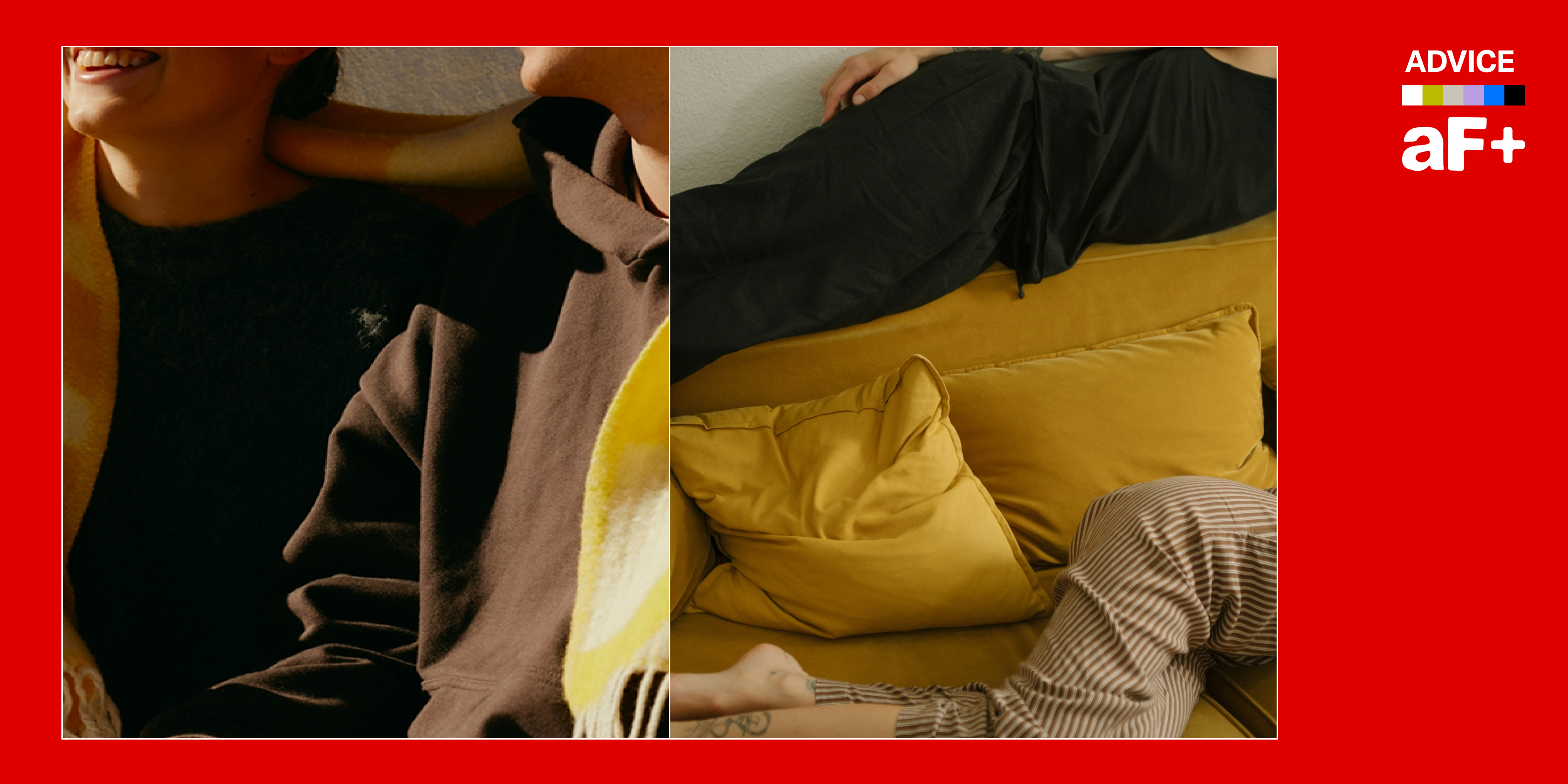 One image shows two people near each other, the other shows them lying on a sofa weirdly