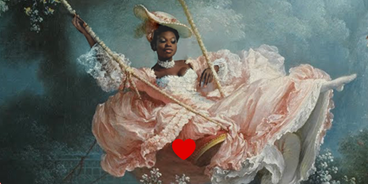 A classical painting shows a black woman in a peach dress swinging high on a tree swing