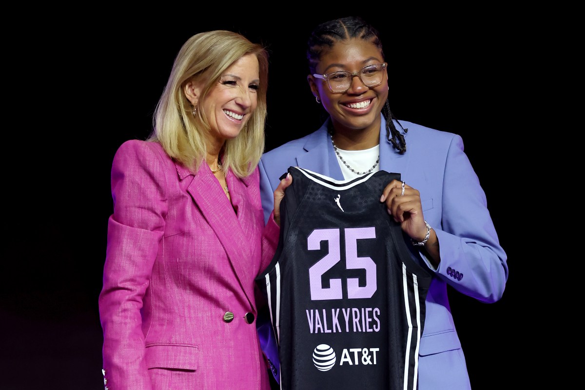NEW YORK, NEW YORK - APRIL 14: (R-L) Shyanne Sellers poses for a photo with WNBA Commissioner Cathy Engelbert after being picked with the 17th pick in the second round by the Golden State Valkyries during the 2025 WNBA Draft at The Shed on April 14, 2025 in New York City. NOTE TO USER: User expressly acknowledges and agrees that, by downloading and or using this photograph, User is consenting to the terms and conditions of the Getty Images License Agreement. (Photo by Elsa/Getty Images)