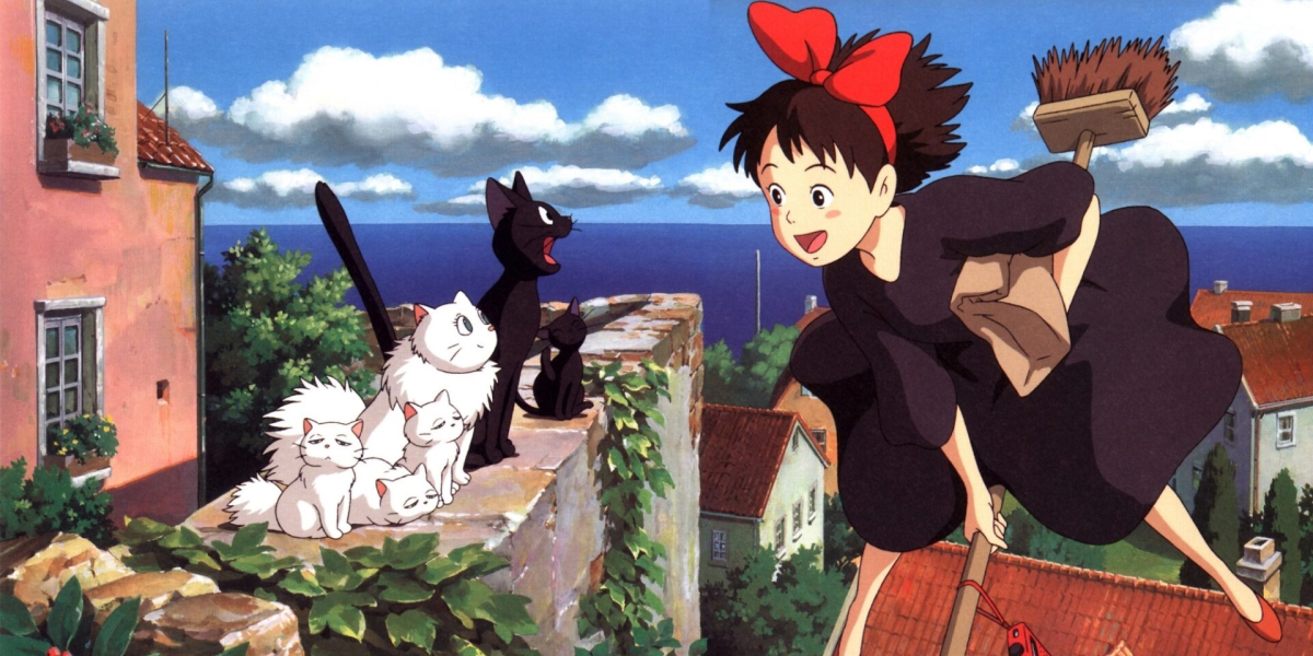 Miyazaki AI trend: an image from Kiki's Delivery Service of Kiki on her broom looking at a row of cats.