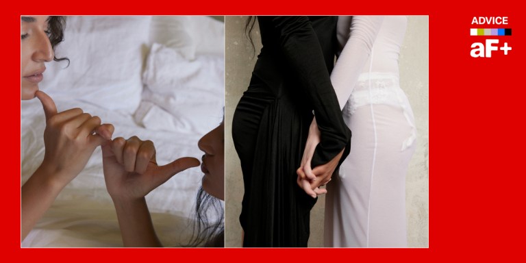 One image shows two friends pinky promising, the next shows two people embracing romantically.