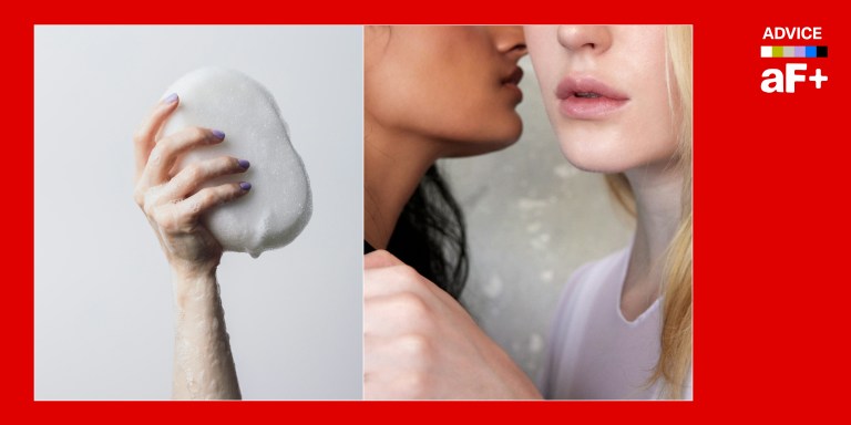 One image shows a person holding a large soapy sponge, another shows two people talking secretly