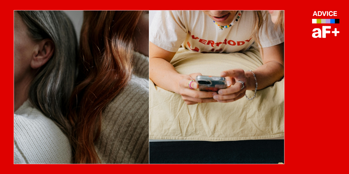 One image shows an older woman standing with her back to a younger woman's, the other image shows a queer youth on their phone