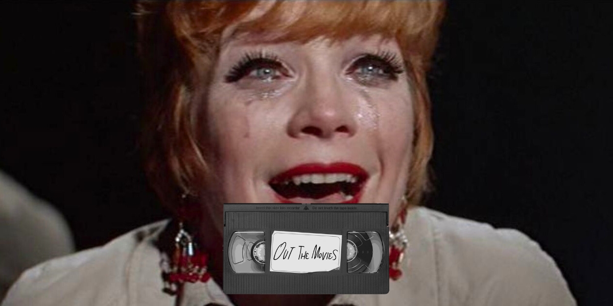 A screenshot of Shirley MacLaine crying in Sweet Charity with the Out the Movies logo on the bottom