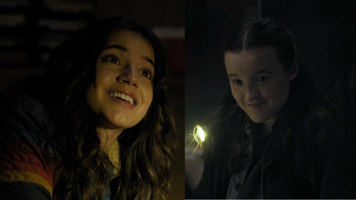 The Last of Us 205: Split screen of Ellie and Dina looking at each other with heart-eyes when Dina admits she loves Ellie