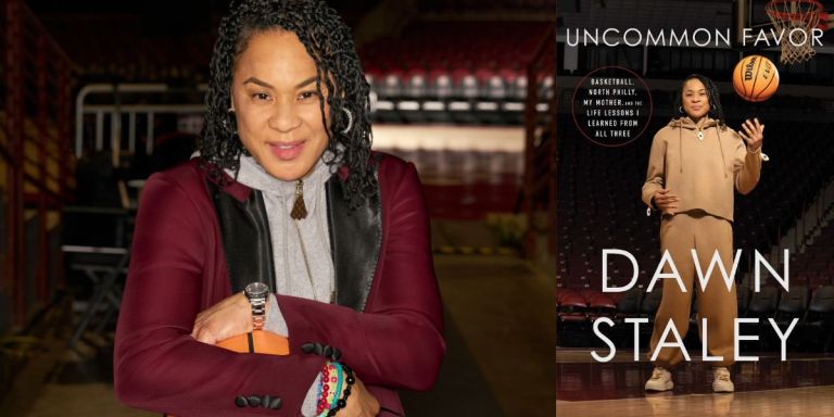 Author photo of Dawn Staley (by Kareem Black) and Image of the "Uncommon Favor" book cover