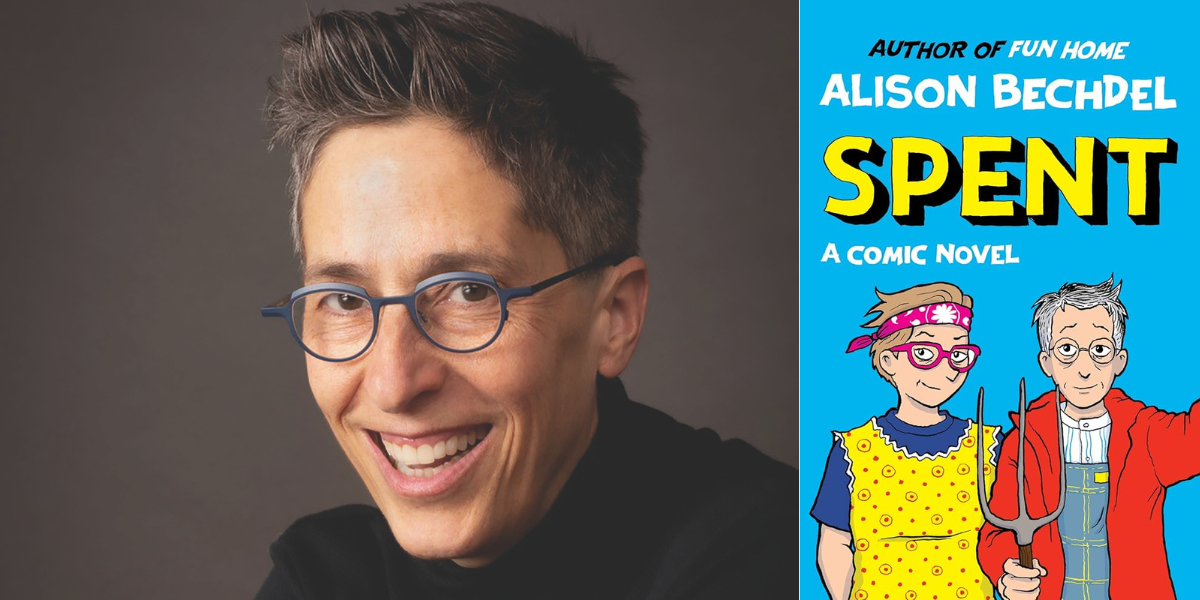 A close up of Alison Bechdel next to the cover her for new novel Spent