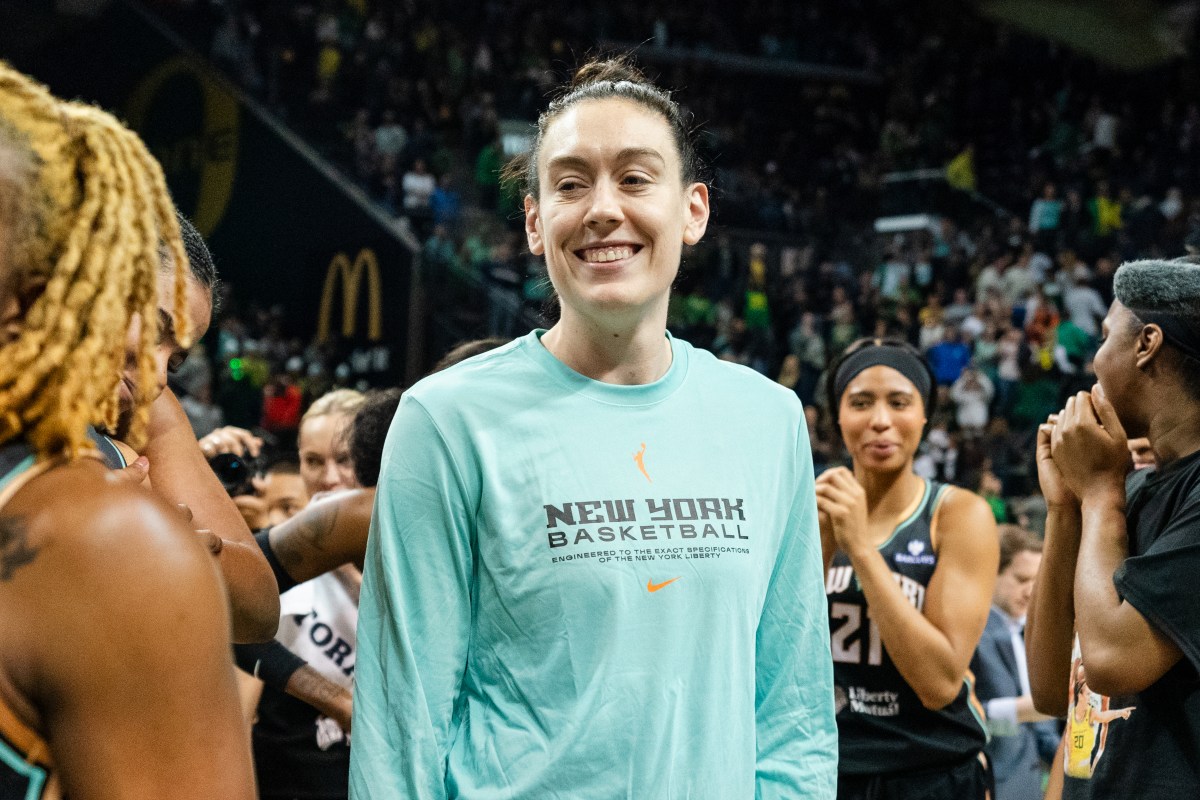EUGENE, OREGON - MAY 12: Breanna Stewart #30 of the New York Liberty reacts after the preseason win over the Toyota Antelopes at Matthew Knight Arena on May 12, 2025 in Eugene, Oregon.