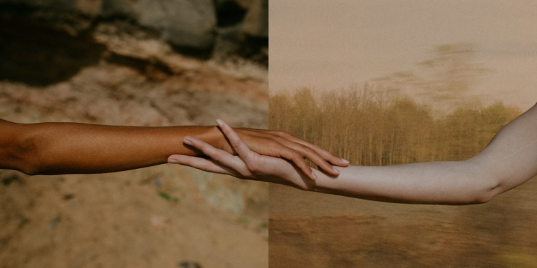 Long distance relationships under Trump: outstretched arms grasp each other with different split screen nature backgrounds