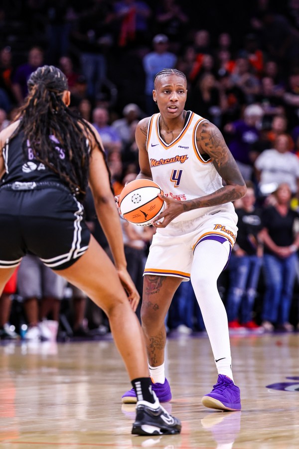 PHOENIX, ARIZONA - MAY 11: Natasha Mack#10 of the Phoenix Mercury looks to pass the ball during the first quarter against the Golden State Valkyries at PHX Arena on May 11, 2025 in Phoenix, Arizona. NOTE TO USER: User expressly acknowledges and agrees that, by downloading and or using this photograph, User is consenting to the terms and conditions of the Getty Images License Agreement. (Photo by Aryanna Frank/Getty Images)