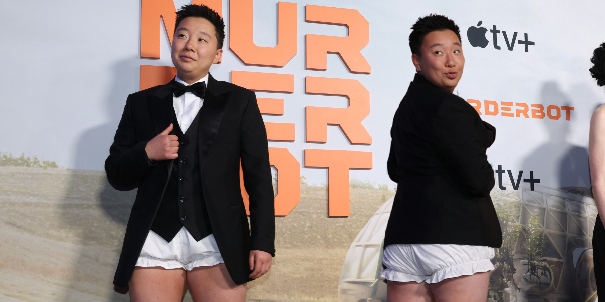 Sabrina Wu not wearing pants on the Murderbot red carpet
