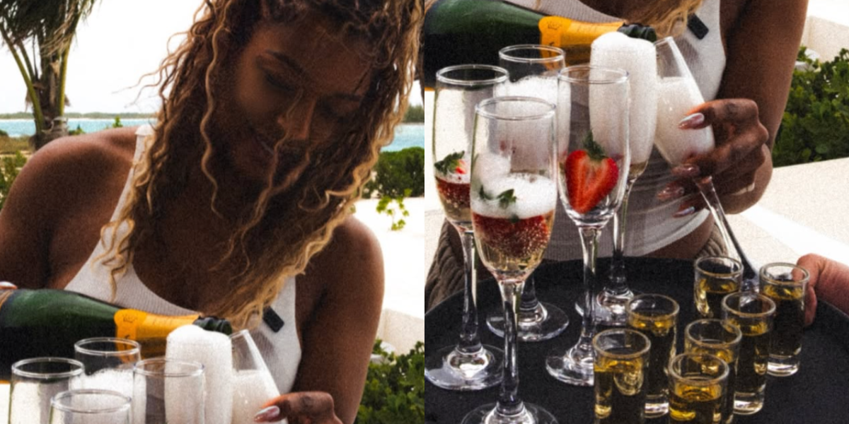 Victoria Monet pouring champagne