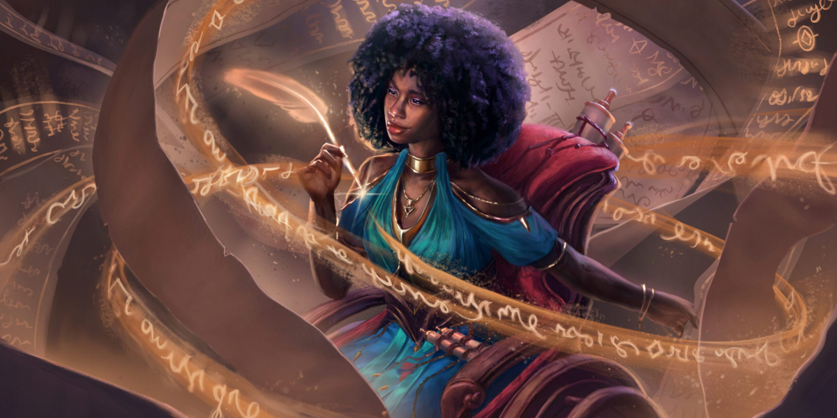 Bard Wordsmith Nikki Dawes from the game Daggerheart: a Black femme who uses a wheelchair holds a pen with gold words shooting out of it