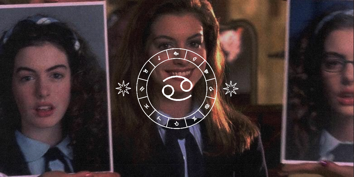 Queer horoscopes for Cancer season: an image of Anne Hathaway in Princess Diaries with the cancer symbol over it