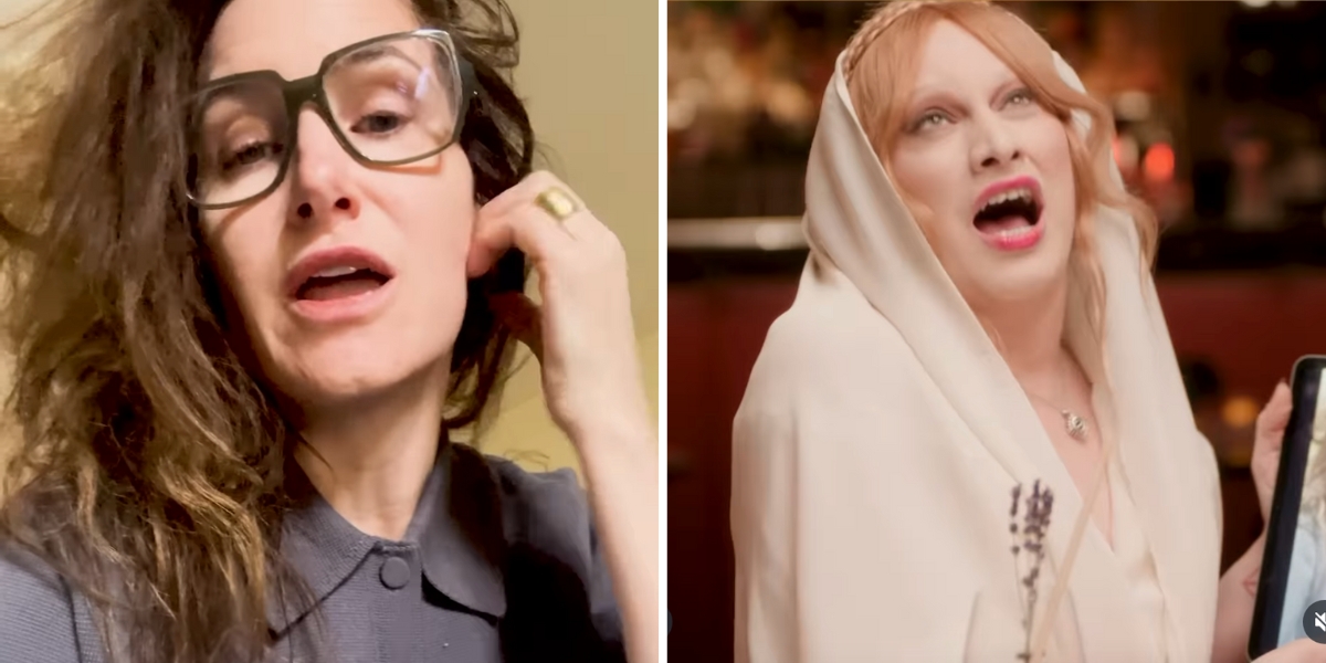 A grainy iPad image of Kathryn Hahn with a hand behind her ear next to an image of Jinkx Monsoon with her mouth open freaking out.