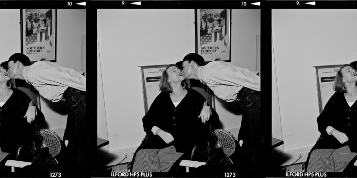 A triptych of the same image of Sex Change: Shock! Horror! Probe! director Kristiene Clarke getting kissed on the cheek at a film festival