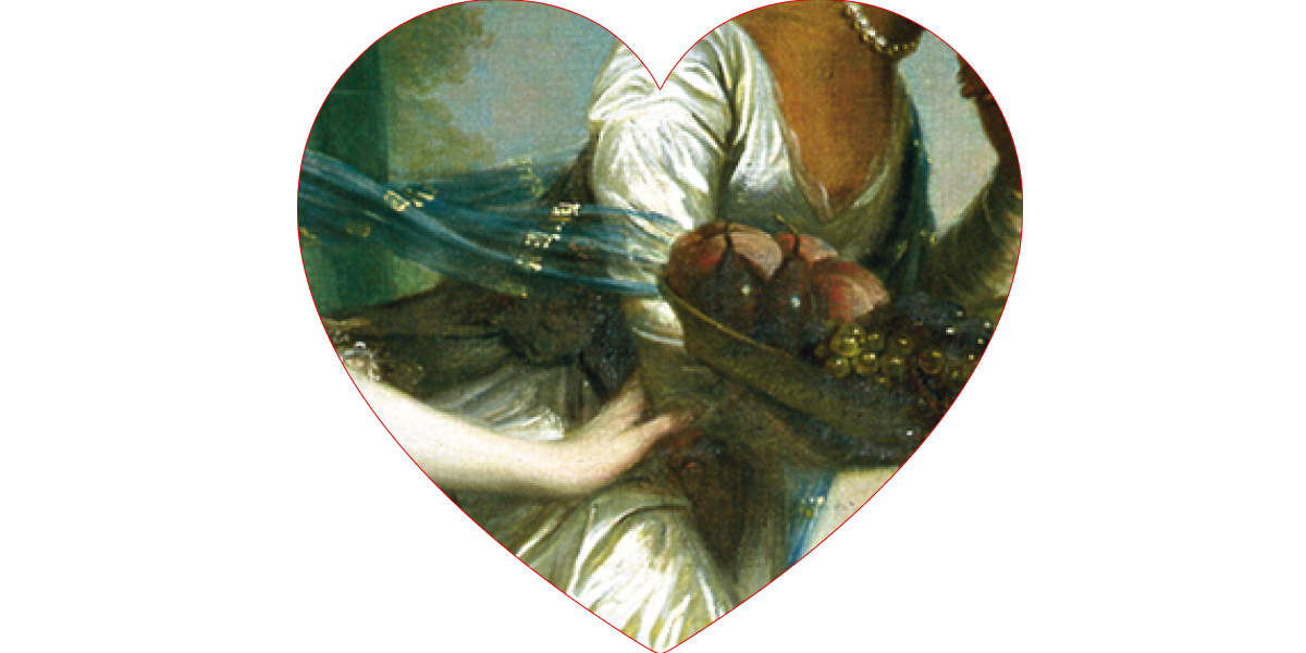 A close crop of an oil painting shows a woman's hand reaching for another woman's arm
