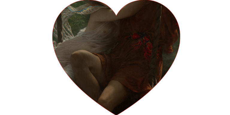 A close crop of an oil painting shows two people in an embrace