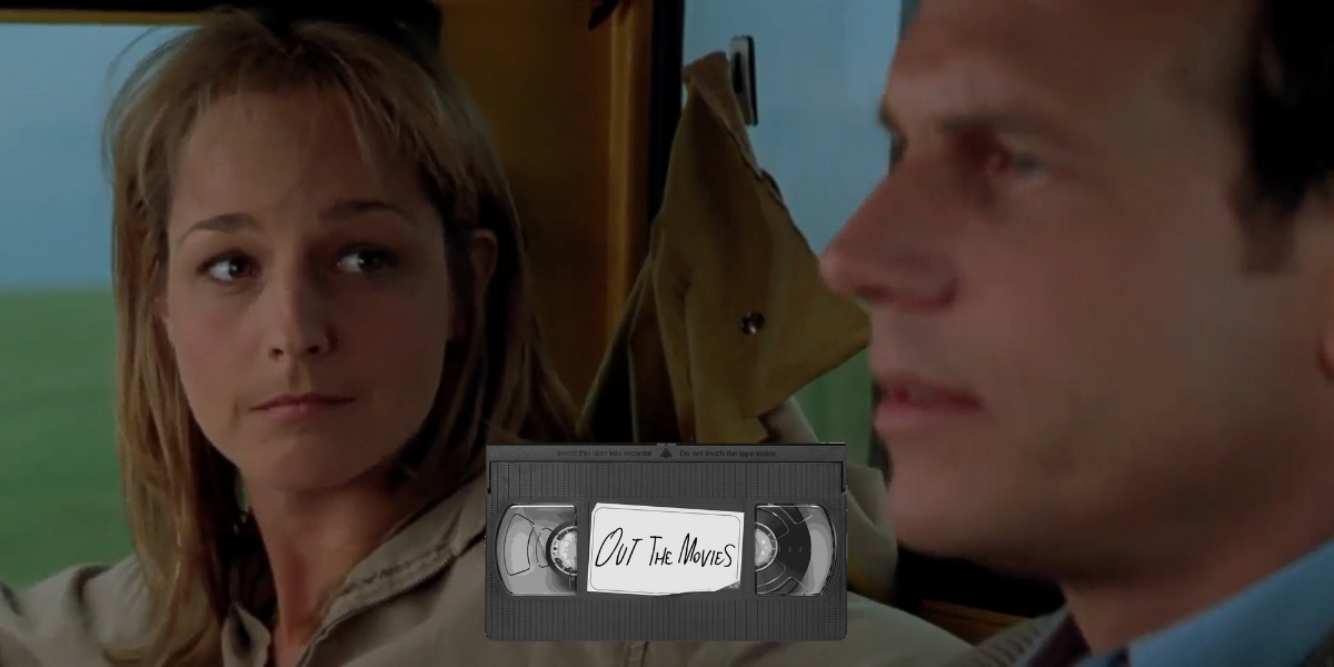 Helen Hunt looks at Bill Paxton incredulously in Twister with the Out the Movies logo at the bottom