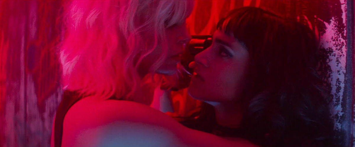 Top lesbian night club scenes: Charlize Theron holds Sofia Boutella up against a wall with a gun