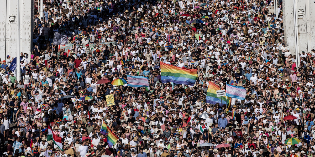 A shot of a giant crowd on a bridge at Budapest Pride