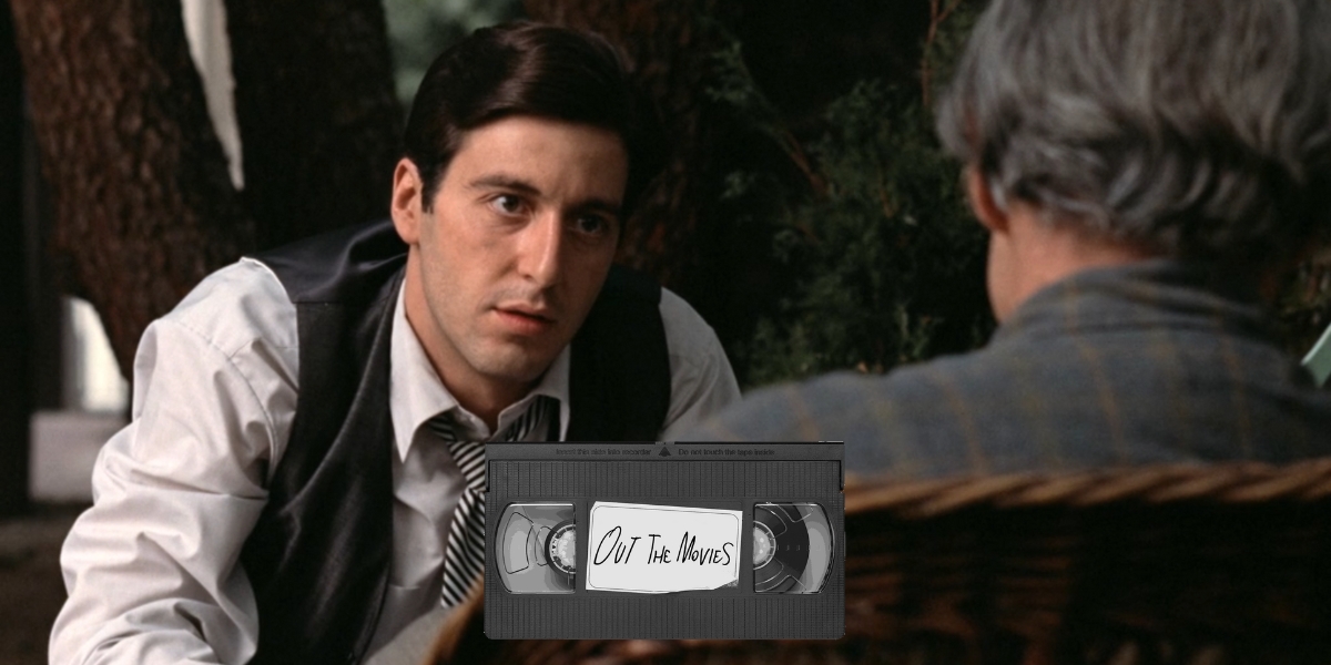 Every Al Pacino movie is gay: Pacino in The Godfather with the Out the Movies logo on the bottom