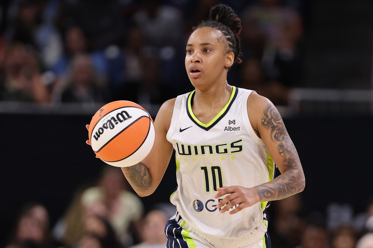 CHICAGO, ILLINOIS - JULY 09: Aziaha James #10 of the Dallas Wings dribbles up the court against the Chicago Sky at Wintrust Arena on July 09, 2025 in Chicago, Illinois. NOTE TO USER: User expressly acknowledges and agrees that, by downloading and or using this photograph, User is consenting to the terms and conditions of the Getty Images License Agreement. (Photo by Michael Reaves/Getty Images)