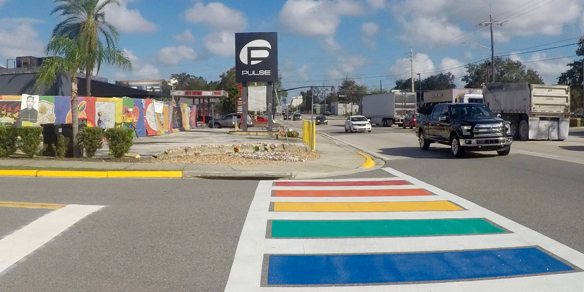 a rainbow crosswalk leading to the Pulse nightclub